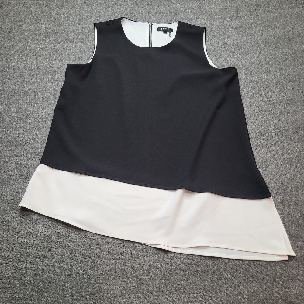 DKNY Sleeveless Top Women L Black Cream Excellent Asymmetrical Layered Shell
